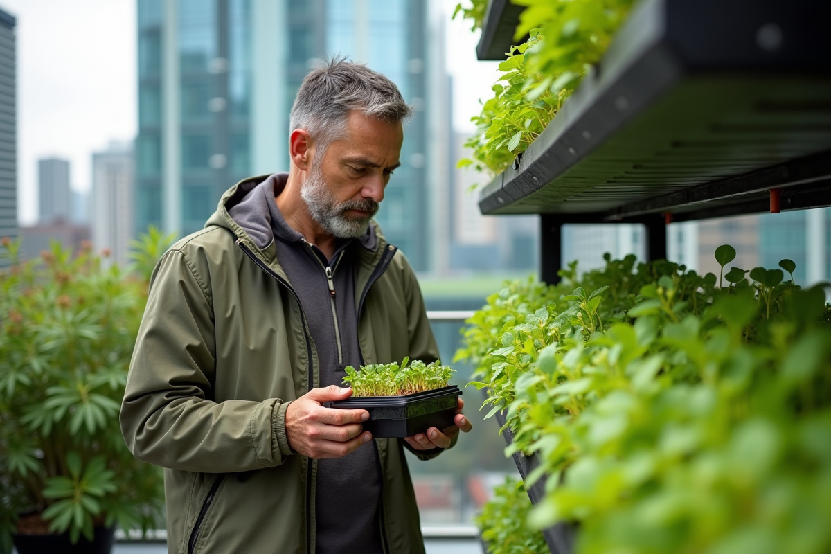 Homme examinant microgreens et insectes dans un rooftop urbain
