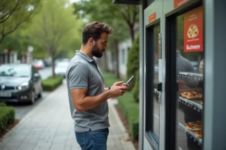 Homme regardant une machine à pizza automatique moderne en extérieur