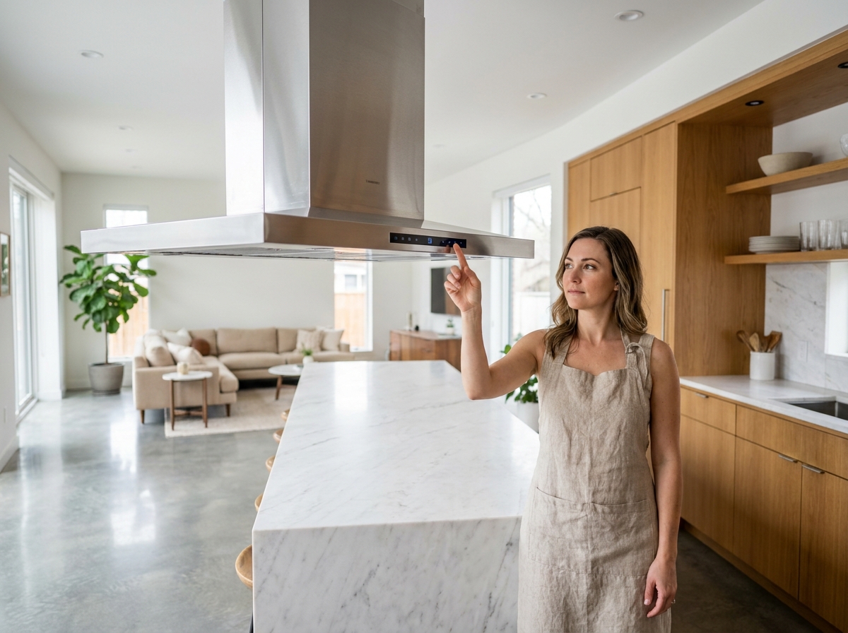 Femme examinant une hotte aspirante suspendue en inox au-dessus d'un îlot de cuisine dans un espace cuisine-salon ouvert moderne
