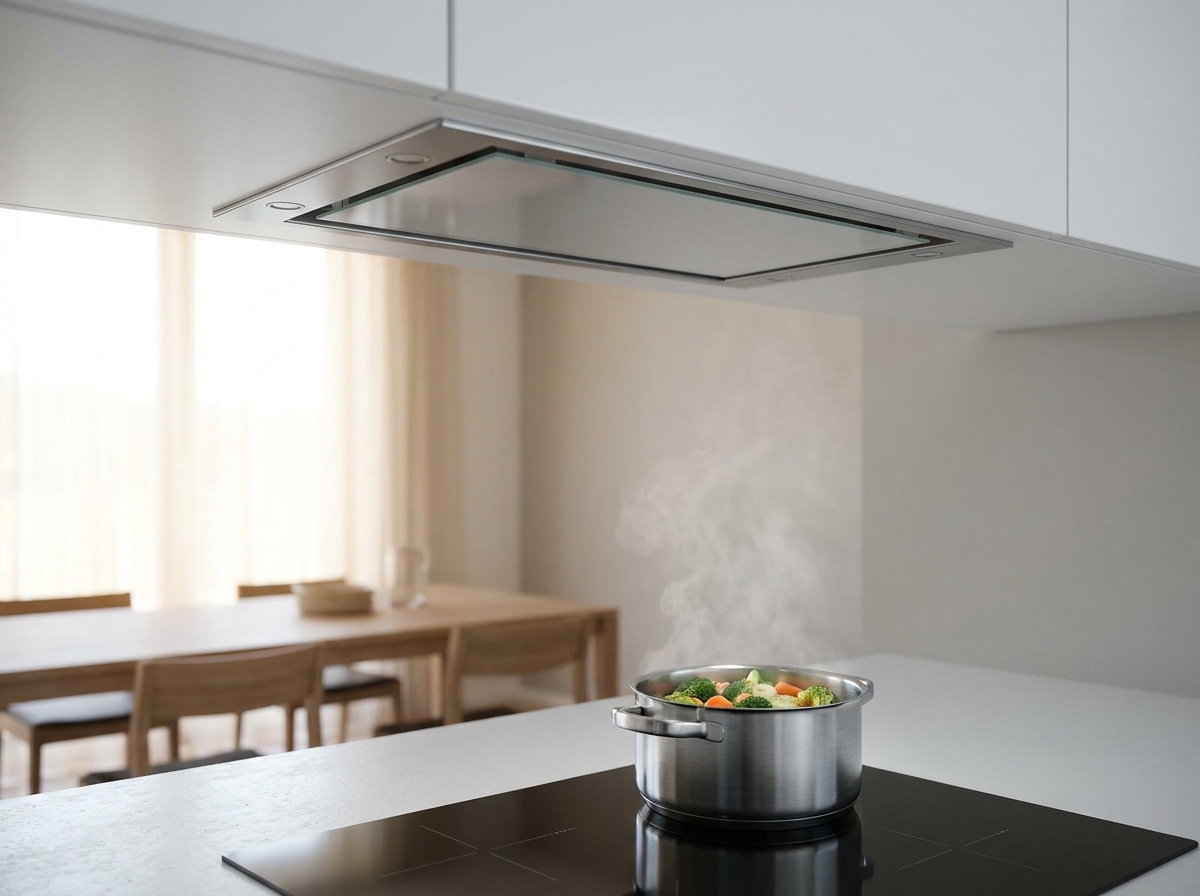 Hotte de plafond encastrée au-dessus d'une plaque à induction dans une cuisine ouverte blanche avec salle à manger visible en arrière-plan