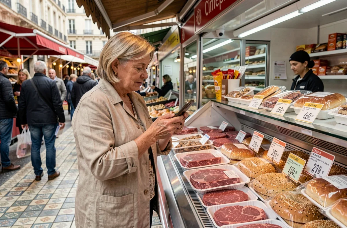 Femme comparant les prix des ingrédients d'un burger dans un marché français pour illustrer le coût réel du Big Mac