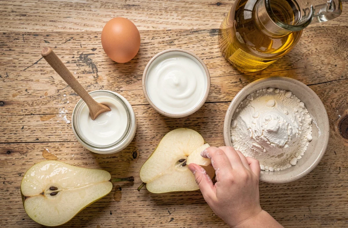 Ingrédients pour gâteau poire yaourt disposés en flat-lay avec main d'enfant