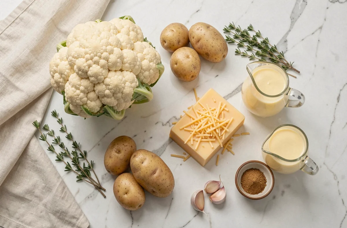 Ingrédients pour gratin de chou-fleur et pommes de terre disposés sur un plan de travail en marbre blanc