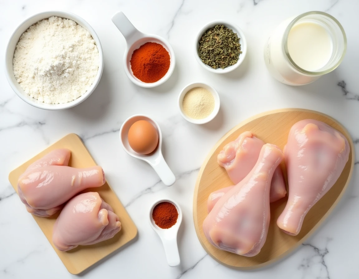 Vue du dessus des ingrédients pour la recette de panure épicée façon KFC sur marbre blanc