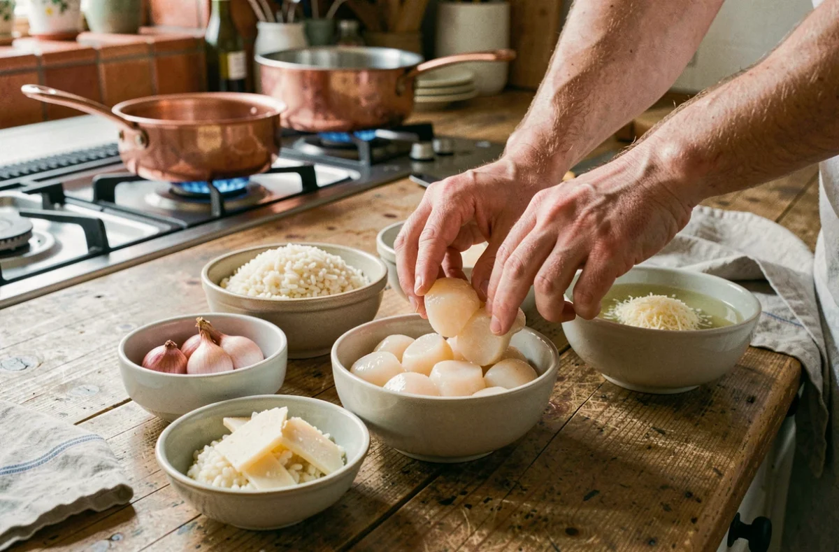 Mise en place des ingrédients pour un risotto aux Saint-Jacques selon la recette de Cyril Lignac, avec noix de Saint-Jacques fraîches, riz Arborio et parmesan sur un plan de travail en bois