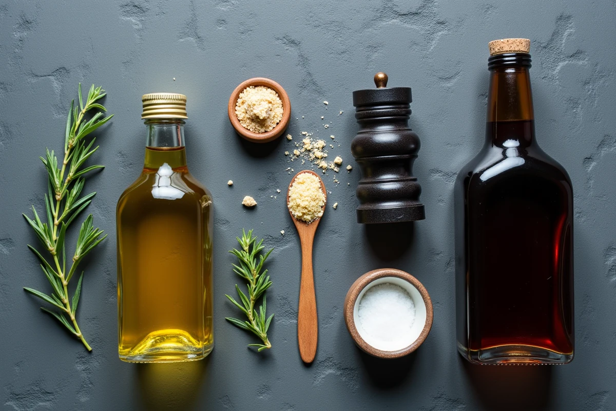 Ingrédients pour vinaigrette maison disposés en flat lay sur ardoise : huile olive, vinaigre, moutarde
