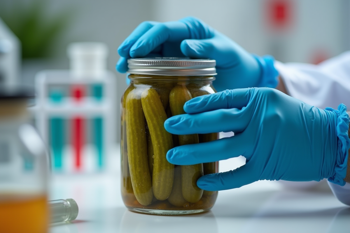 Mains en gants bleus inspectant un bocal de pickles fermentés en laboratoire