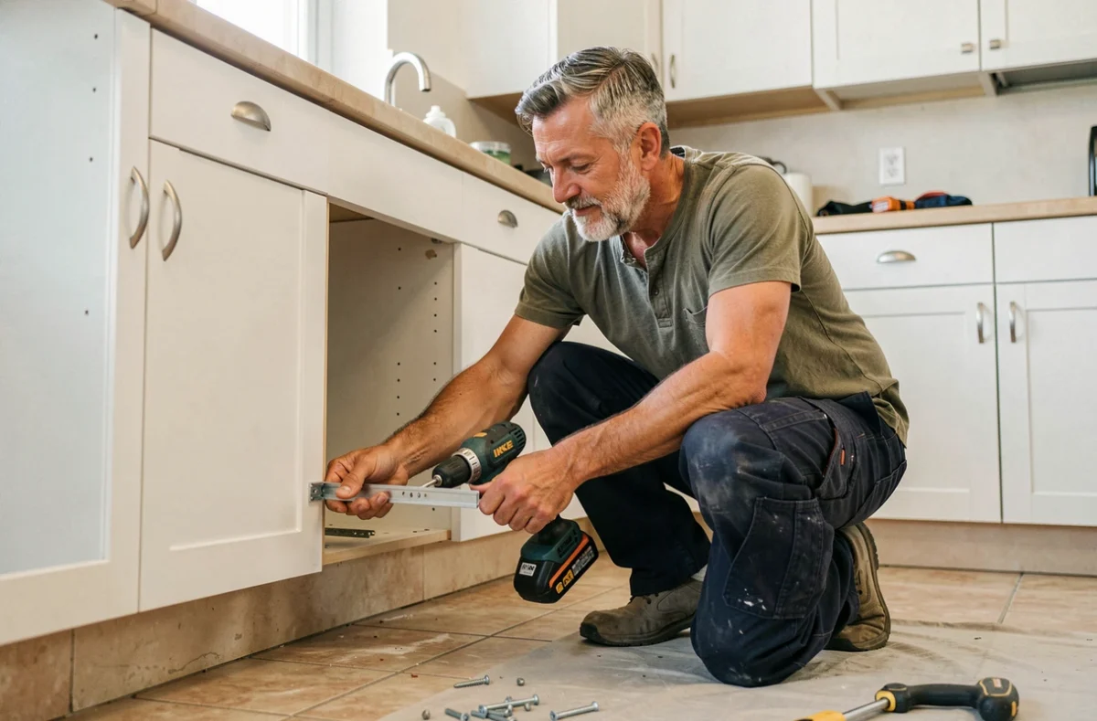Homme installant des rails de tiroir IKEA dans une cuisine en cours de rénovation avec anciens et nouveaux meubles
