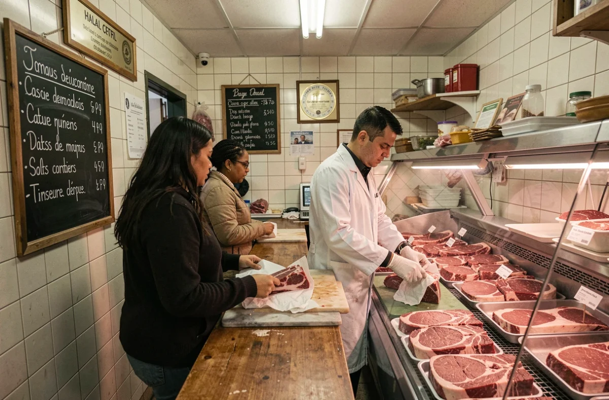 Intérieur animé d'une boucherie halal de quartier avec clients et boucher en train de servir