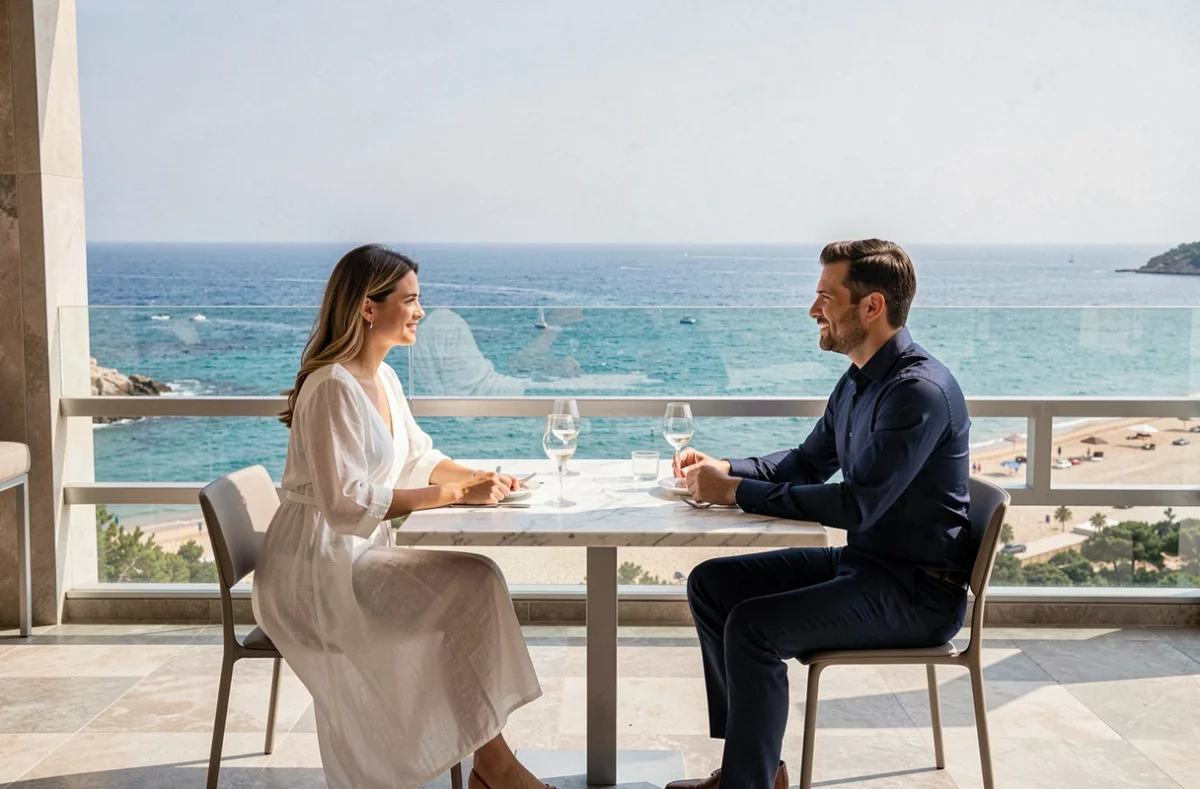 Table de restaurant Jais à Ramatuelle avec vue panoramique sur la plage de Pampelonne et la mer Méditerranée turquoise