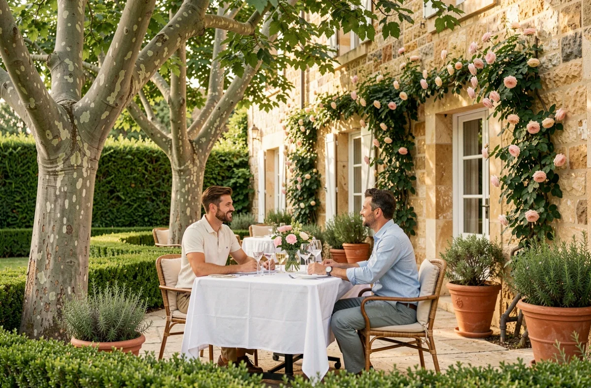 Couple dînant en terrasse jardin du Jardin de la Bastide à Saint-Tropez, entouré de roses grimpantes et de platanes centenaires