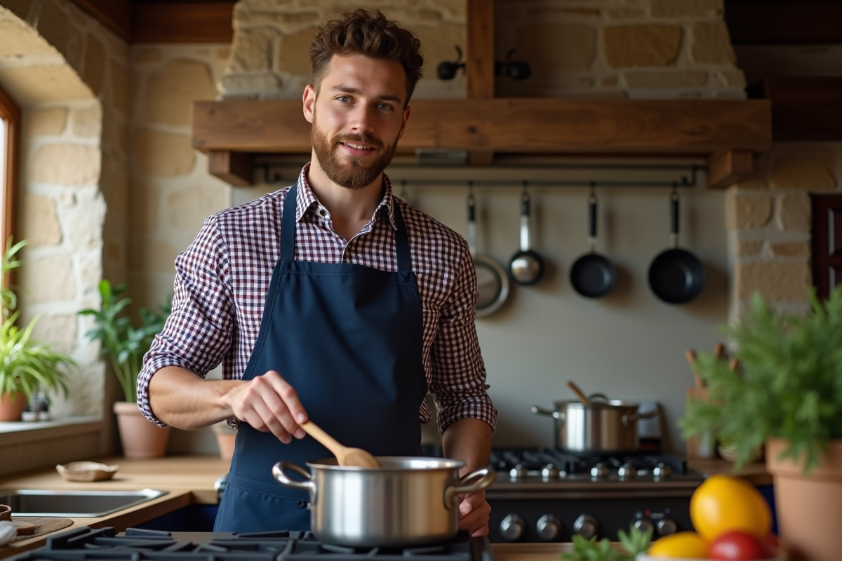 Jeune homme en tablier bleu cuisinant dans une cuisine chaleureuse