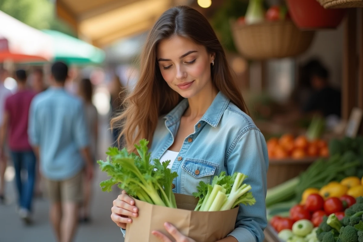 Jeune femme dans un marché fermier avec légumes frais