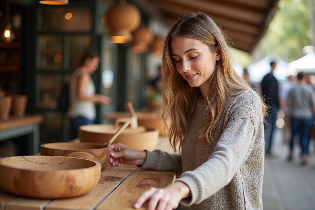 Jeune femme examinant une planche en bois au marché artisanal