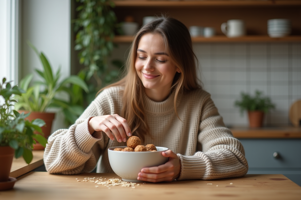Jeune femme souriante dans une cuisine chaleureuse