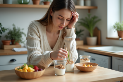 Jeune femme en cuisine avec snacks sains et organisation