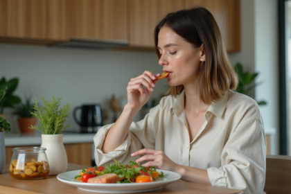 Jeune femme dégustant un plat végétal dans une cuisine moderne