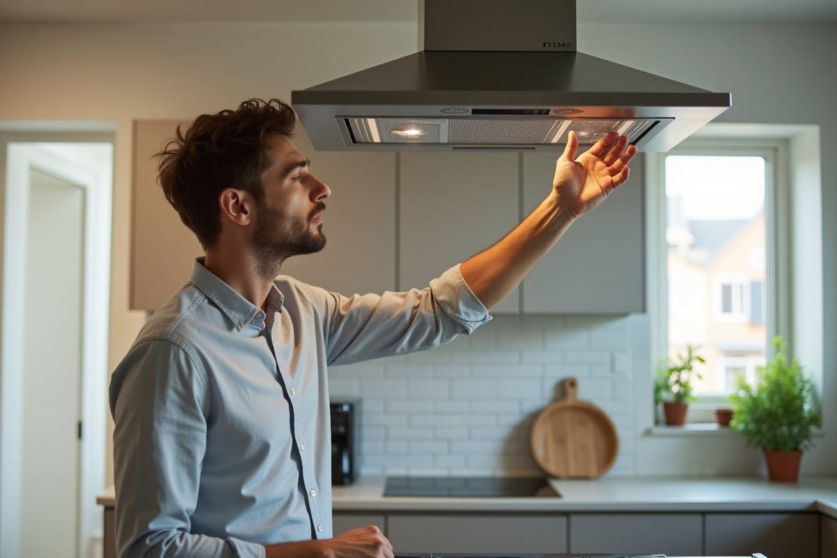 Jeune homme ajustant la hotte de cuisine moderne