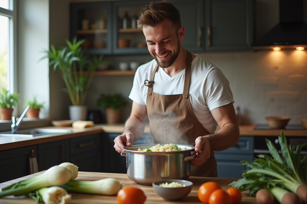 Jeune homme ouvrant une cocotte d