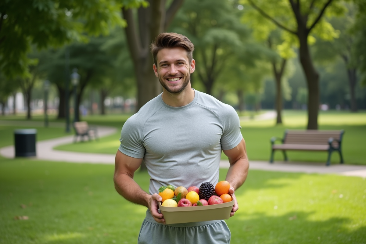 Jeune homme sportif tenant un panier de fruits dans un parc