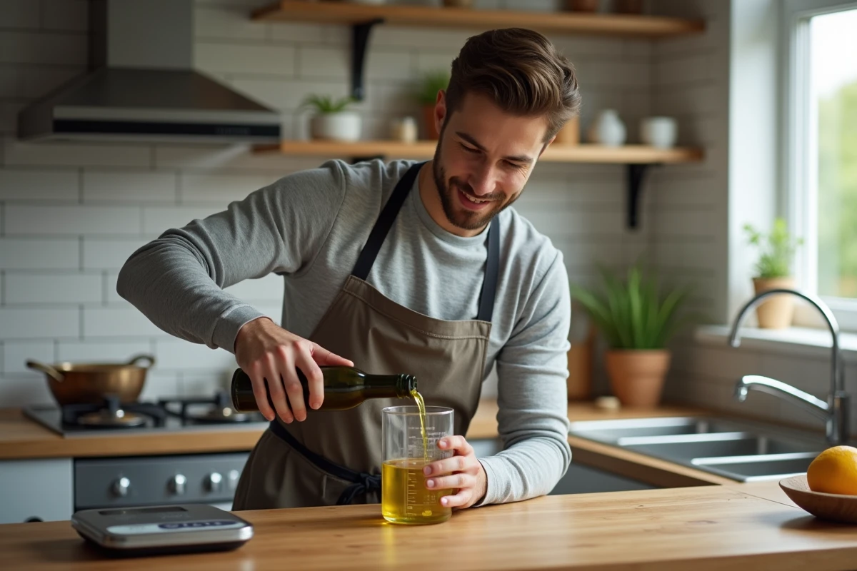 Jeune homme versant de l huile dans un verre en cuisine