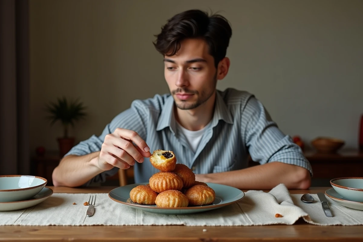 Jeune homme prêt à déguster des beignets d
