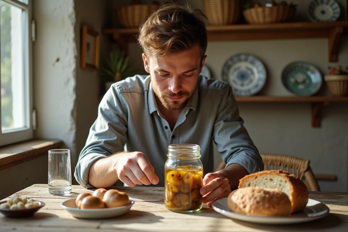 Jeune homme arrangeant des champignons en bocaux dans une salle à manger chaleureuse