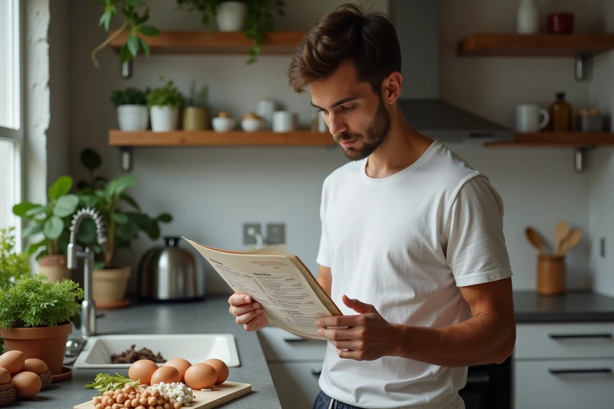 Jeune homme lisant une étiquette nutrition sur du tofu