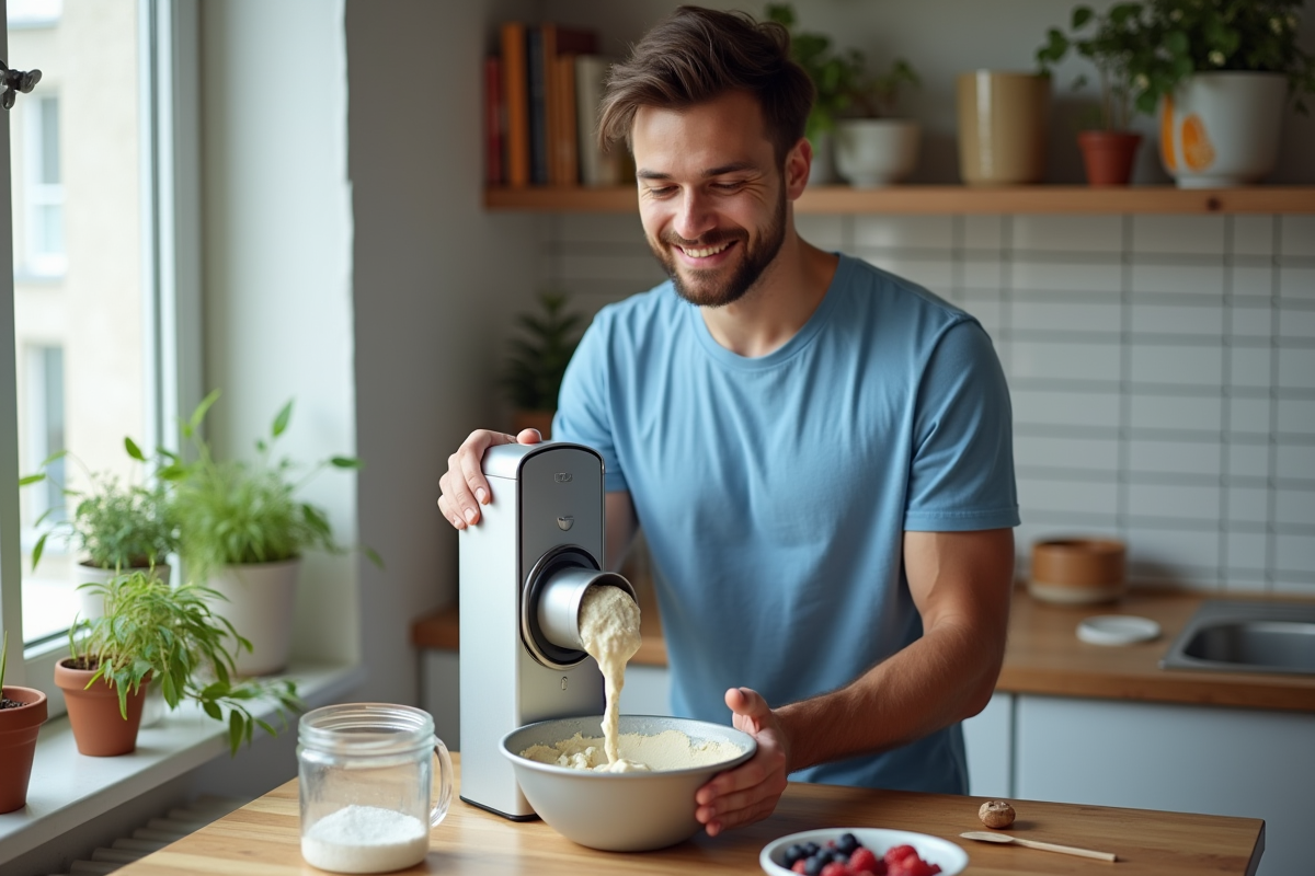 Jeune homme versant la pâte dans un moule à gâteau dans une cuisine lumineuse