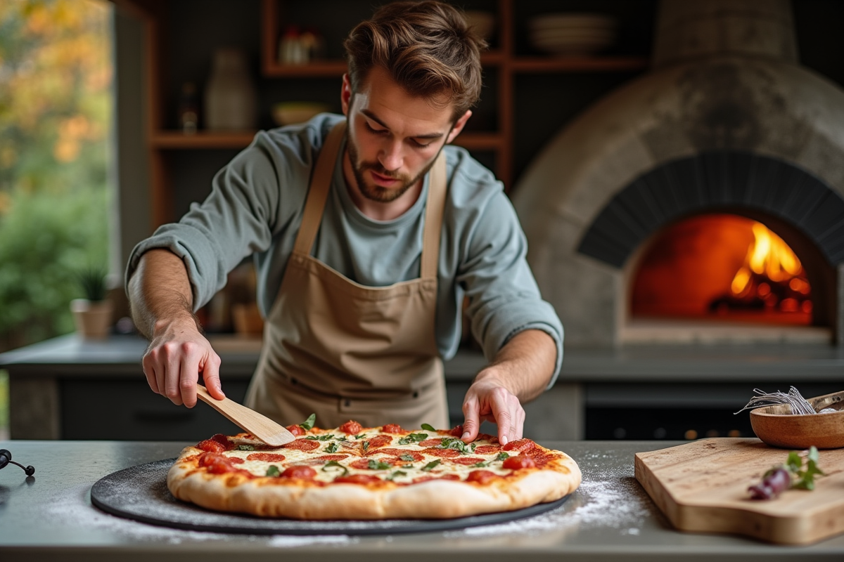 Jeune homme glissant une pizza dans un four en plein air