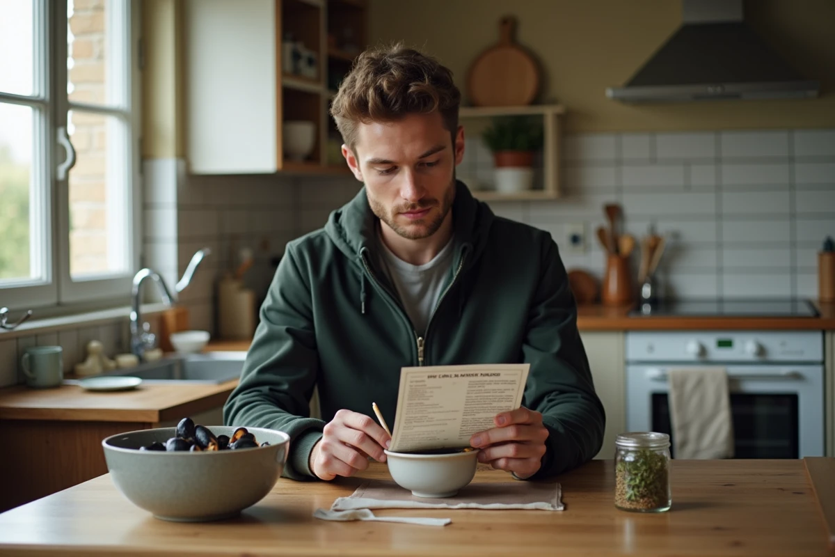 Jeune homme cuisinant des moules dans une cuisine