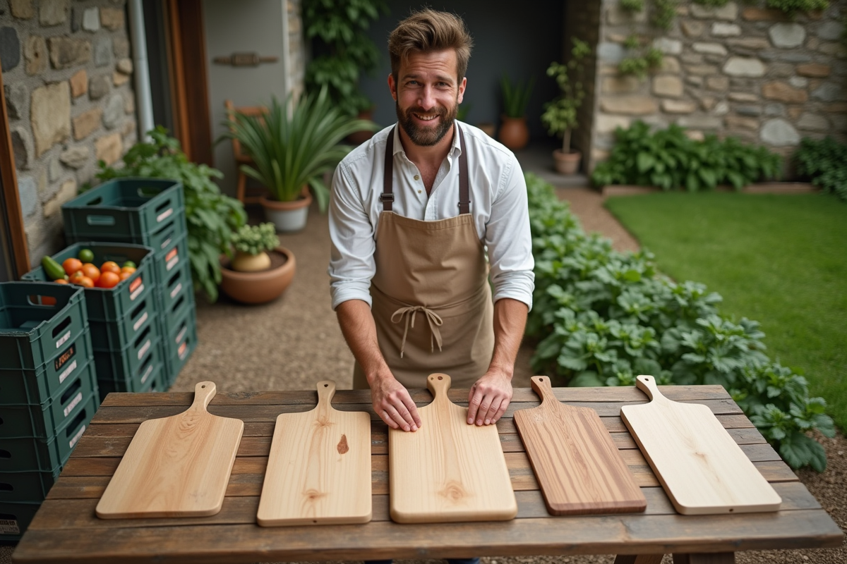 Jeune homme arrangeant des planches en bois et plastique dans le jardin
