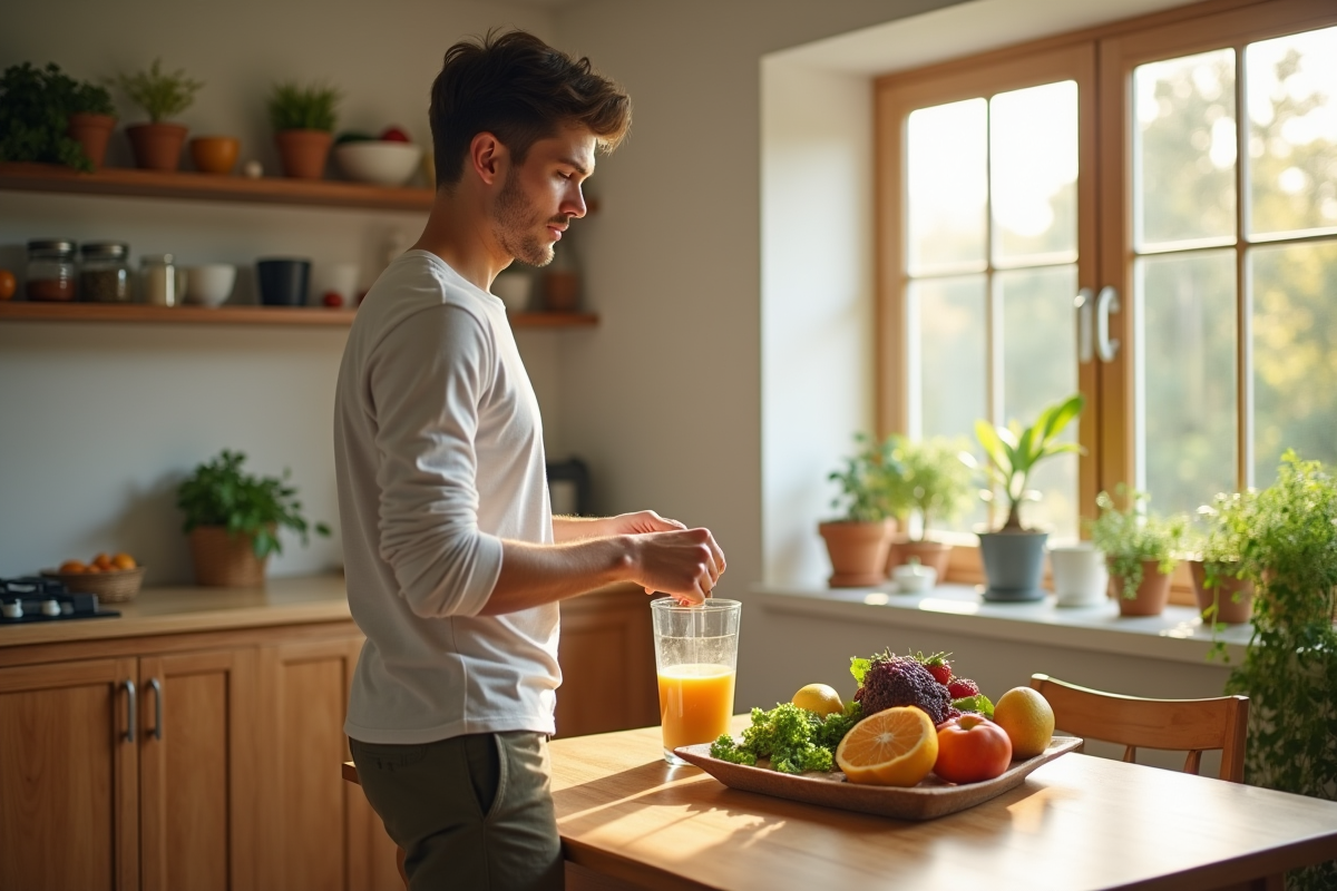 Jeune homme préparant un smoothie aux fruits frais