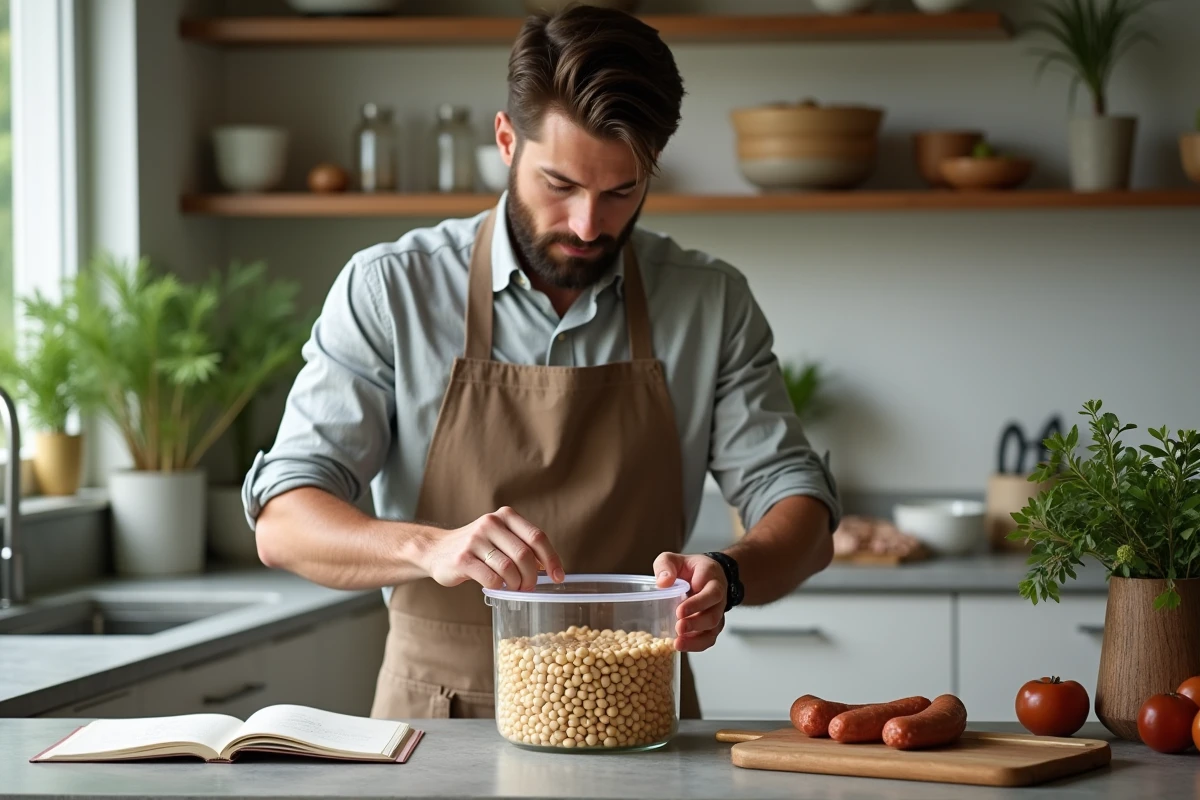 Jeune homme en tablier scellant un grand bocal avec haricots et saucisses dans une cuisine moderne