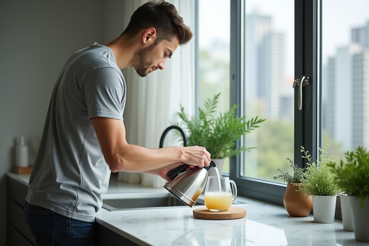 Jeune homme versant du vinaigre dans une bouilloire électrique