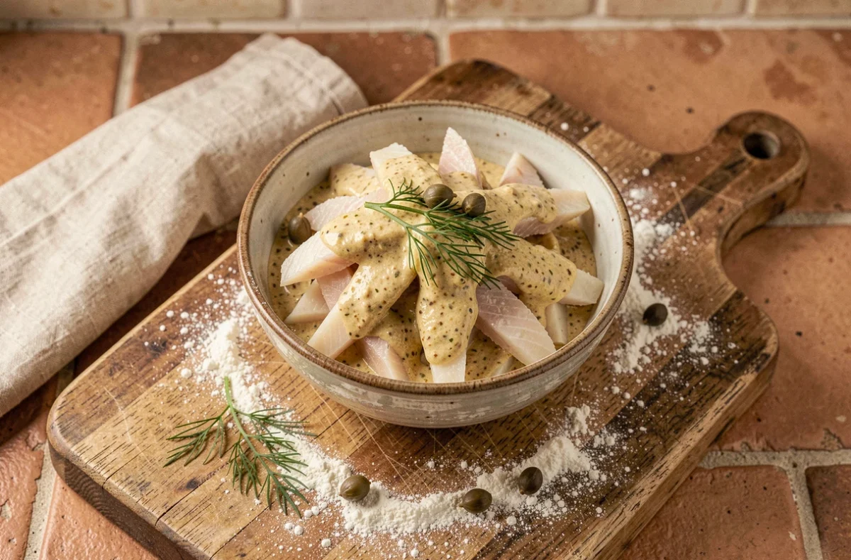 Bol de julienne de poisson à la moutarde ancienne garnie d'aneth frais, vue de dessus sur planche en bois rustique