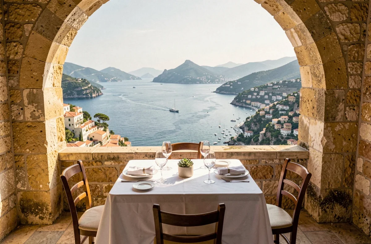 Table dressée sur la terrasse de La Chèvre d'Or à Èze, restaurant deux étoiles Michelin, avec vue spectaculaire sur la Côte d'Azur et Monaco au loin