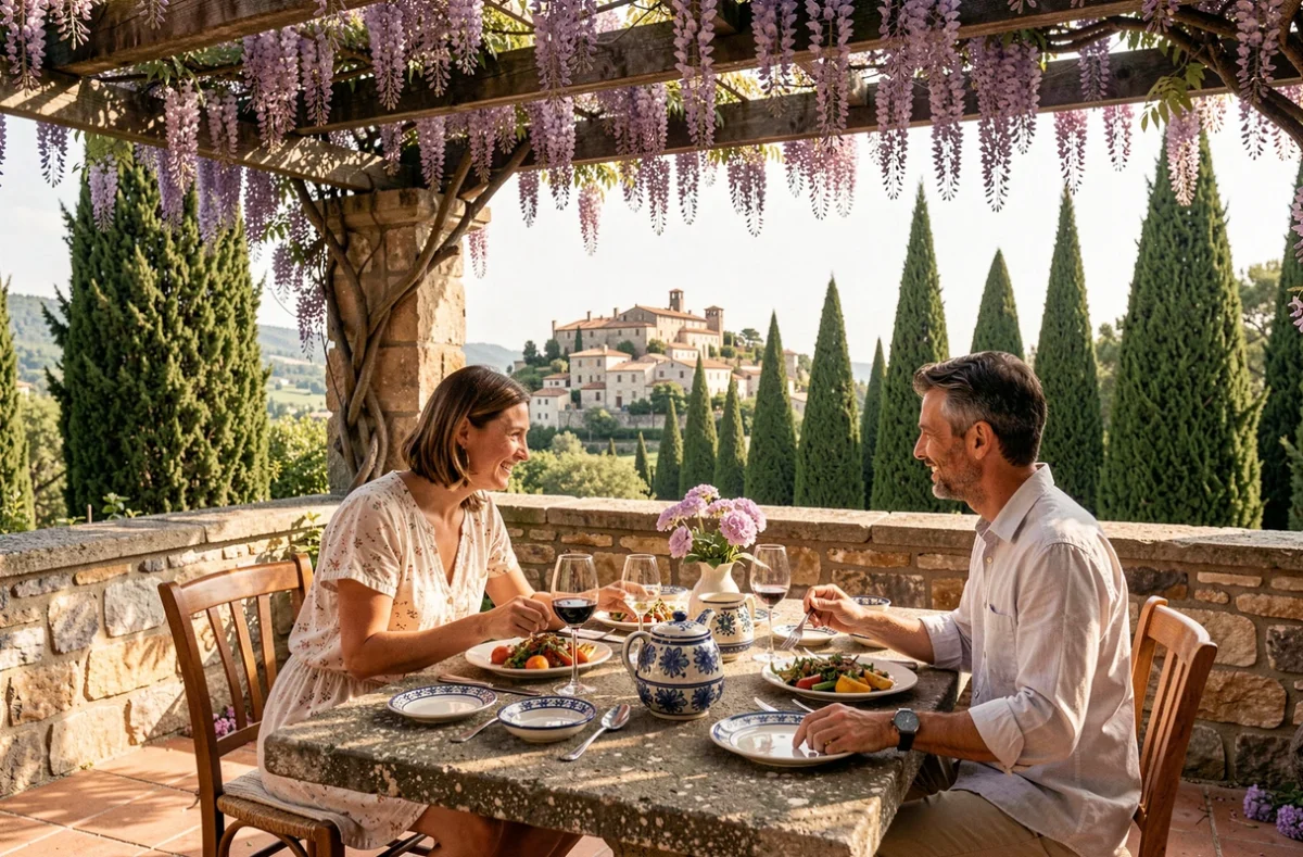 Terrasse de La Table de Pierre au Mas de Pierre à Saint-Paul-de-Vence avec glycines en fleur et vue sur le village perché