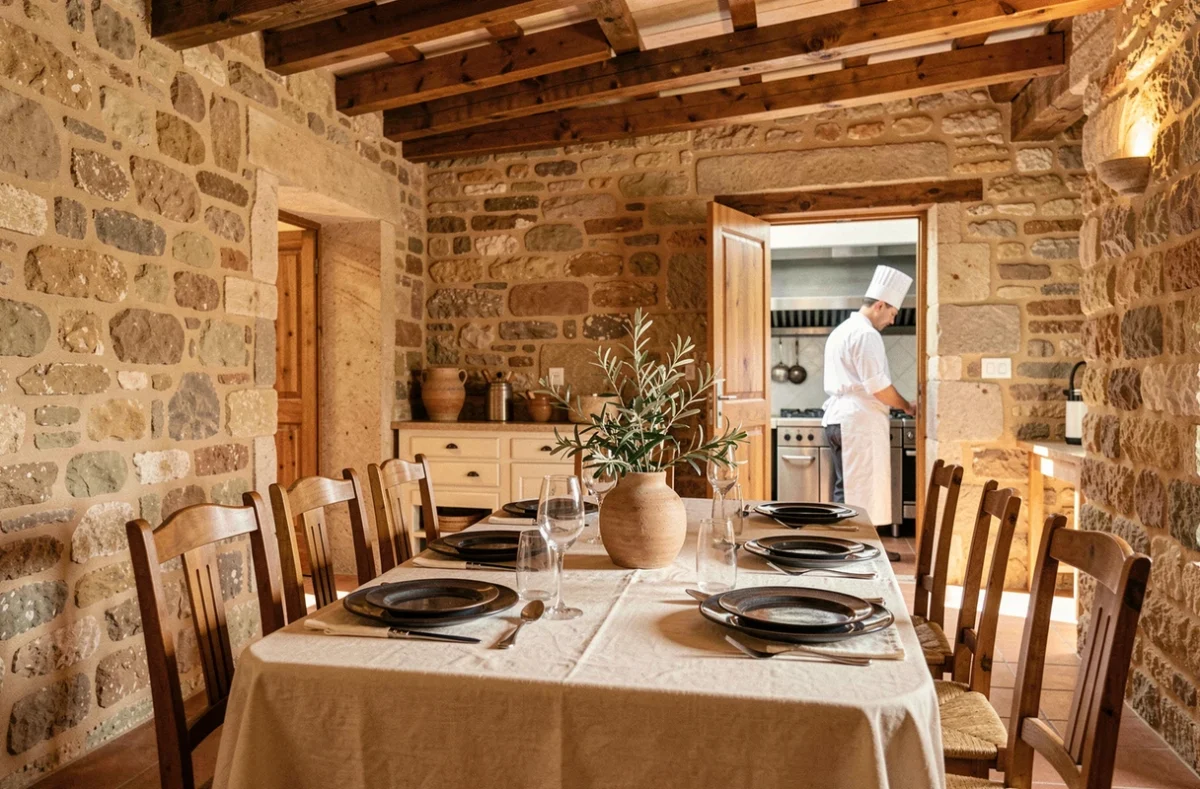 Salle de restaurant intime de La Table du Castellet au Castellet, avec murs en pierre apparente, poutres en bois et table dressée en style provençal raffiné