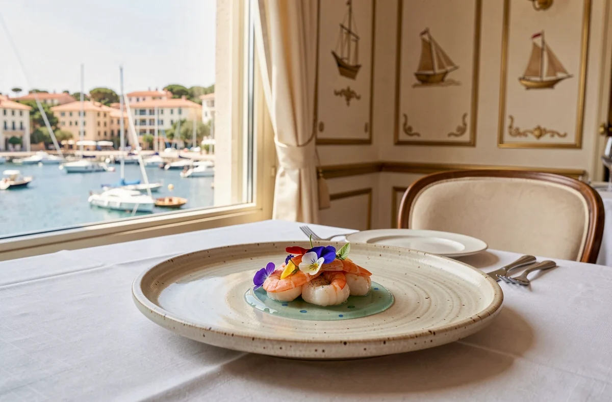 Assiette gastronomique raffinée de La Vague d'Or à Saint-Tropez, restaurant trois étoiles Michelin, avec vue sur le port de Saint-Tropez en arrière-plan
