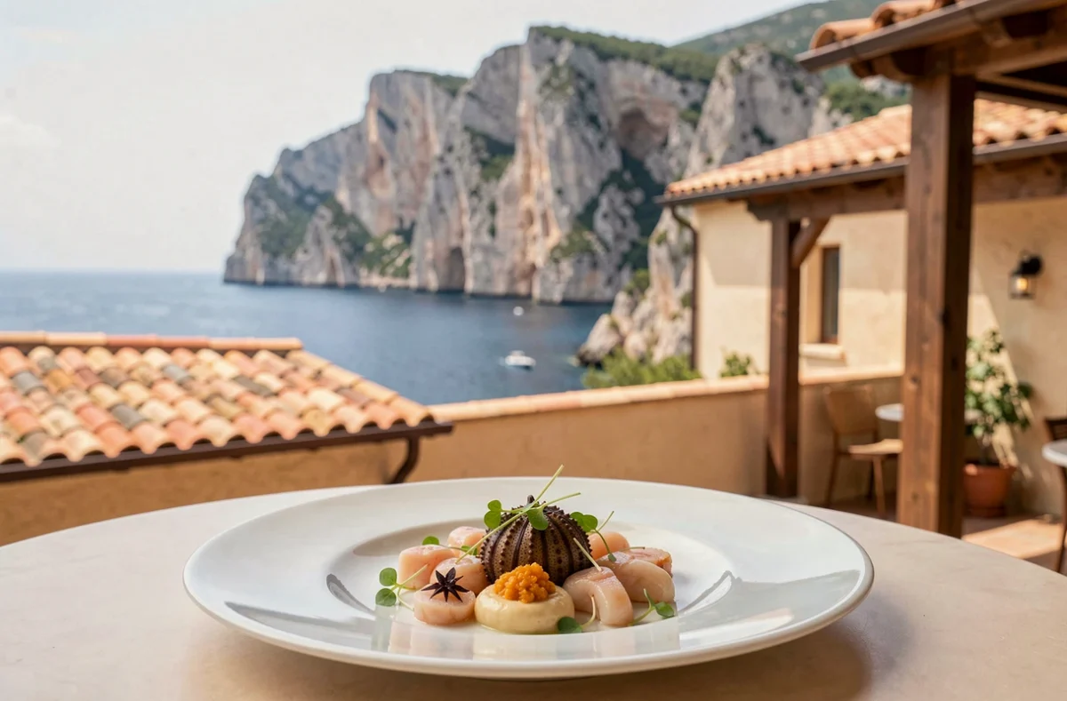 Assiette de fruits de mer raffinée de La Villa Madie à Cassis avec vue sur les falaises du Cap Canaille en arrière-plan
