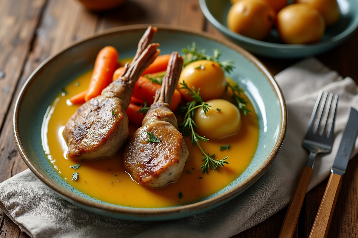 Gros plan sur le lapin à la moutarde avec légumes et pommes de terre