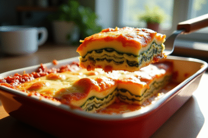 Lasagne de courgettes fraîche sortie du four avec fromage doré