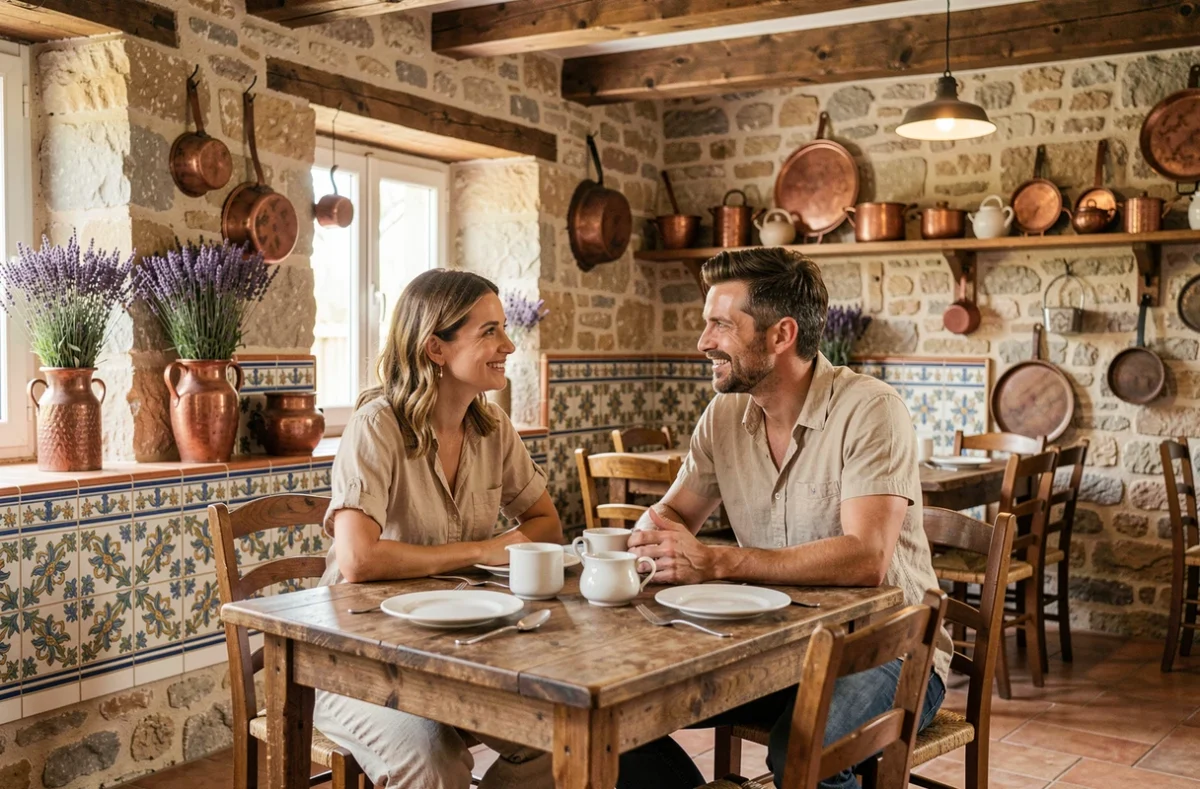 Salle intérieure romantique du Carillon à Goult dans le Luberon avec murs en pierre, lavande séchée et table en bois rustique