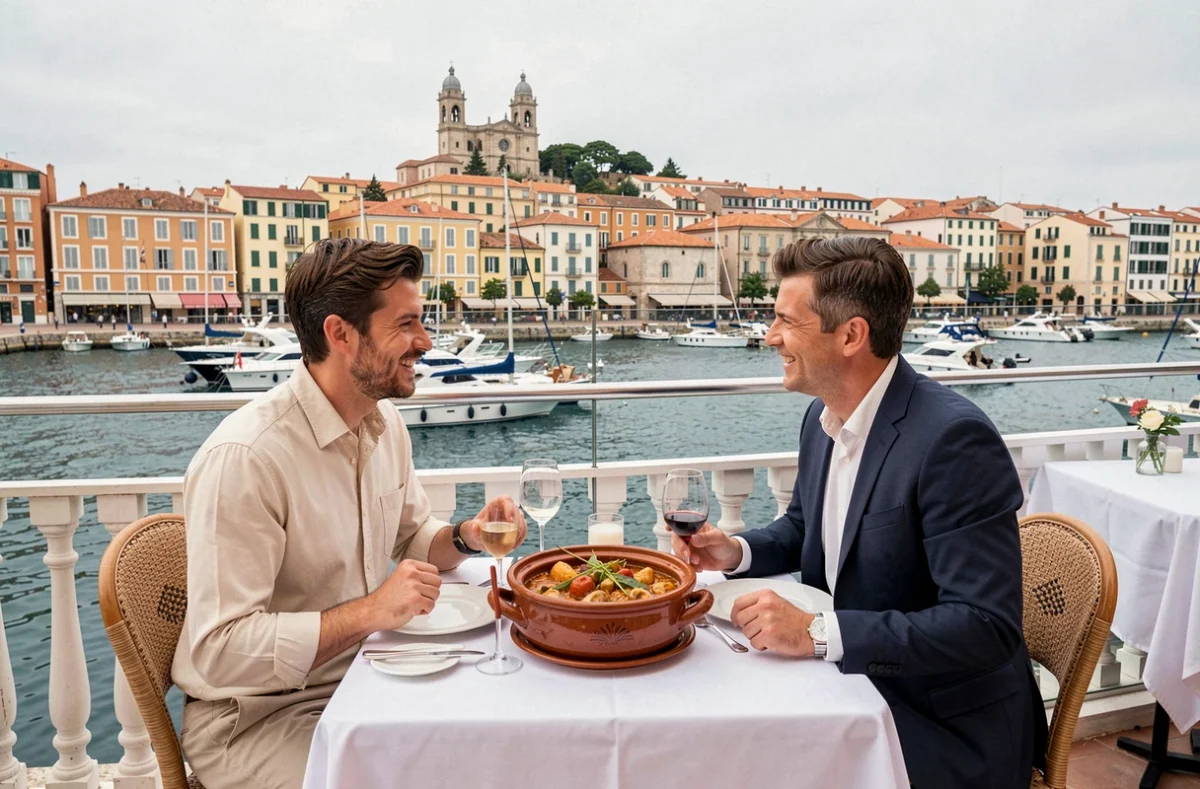 Couple savourant une bouillabaisse en terrasse du Miramar à Marseille avec vue sur le Vieux-Port et Notre-Dame de la Garde