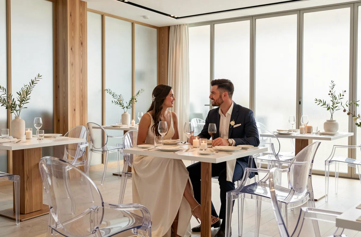 Intérieur design du restaurant Le Petit Célestin à l'Hôtel Kube de Saint-Tropez avec couple élégant dans un cadre contemporain épuré