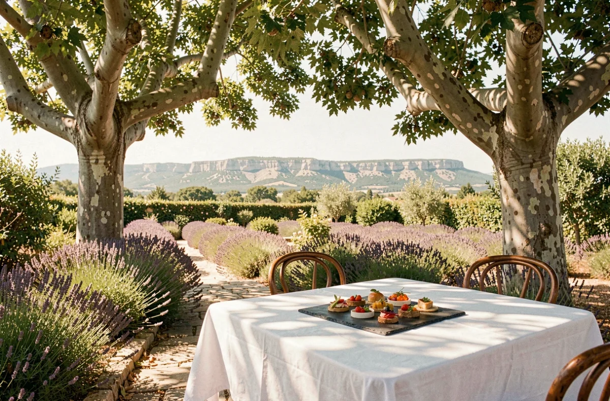 Terrasse jardin du restaurant Le Sylvestre - Mas de l'Amarine à Saint-Rémy-de-Provence, entourée de lavande et d'arbres centenaires avec les Alpilles en arrière-plan