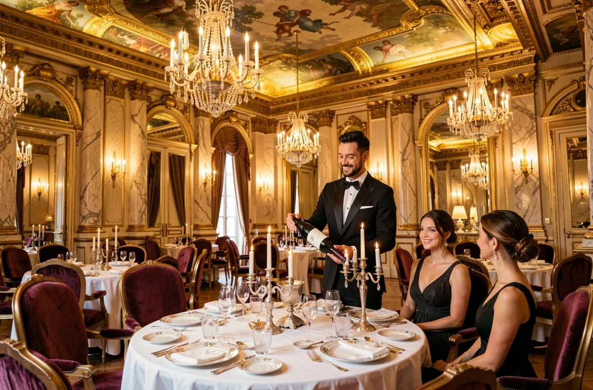 Salle de restaurant somptueuse du Louis XV - Alain Ducasse à l'Hôtel de Paris à Monaco, avec décor Belle Époque doré, lustres en cristal et tables dressées avec porcelaine fine