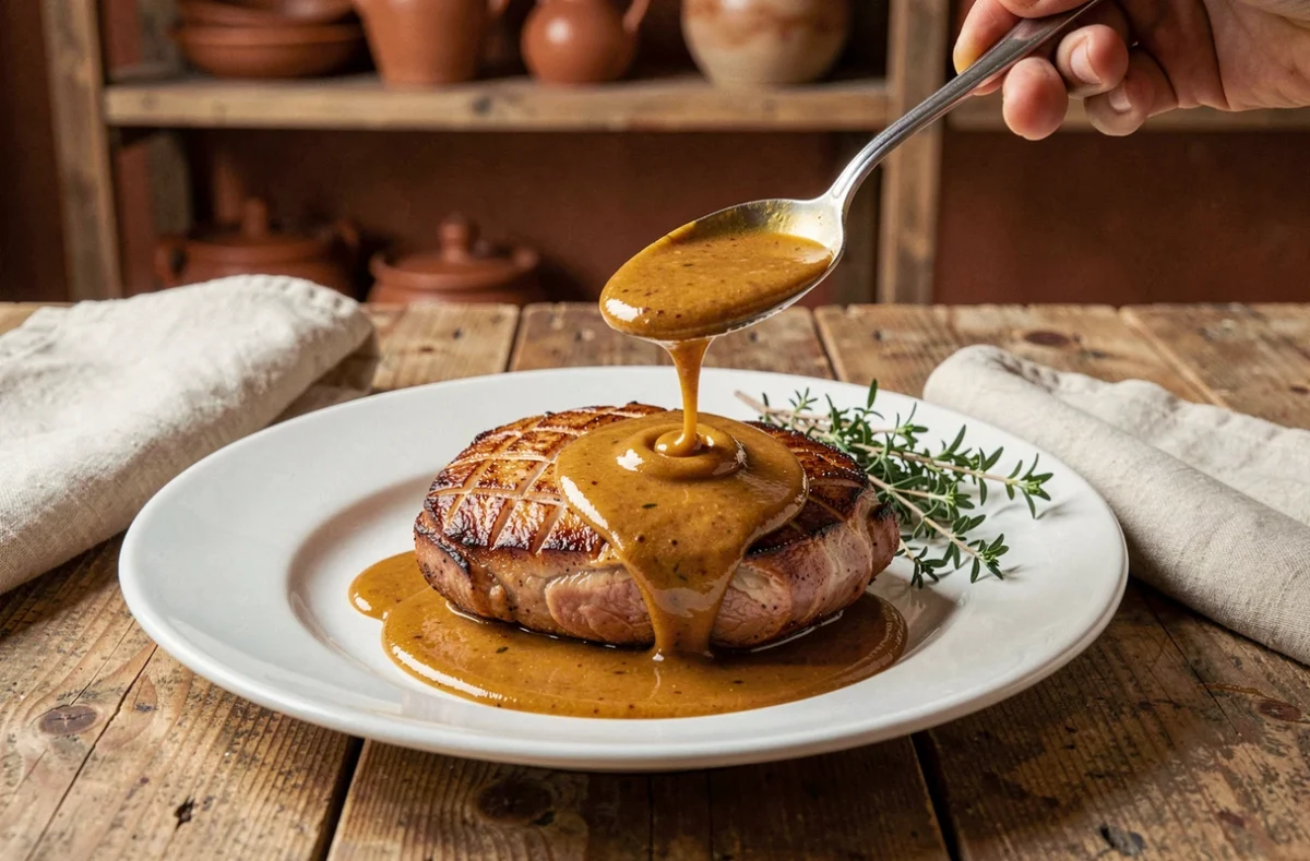 Magret de canard nappé d'une sauce à l'échalote au beurre noisette sur assiette blanche dans une cuisine rustique française