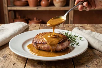 Magret de canard nappé d'une sauce à l'échalote au beurre noisette sur assiette blanche dans une cuisine rustique française